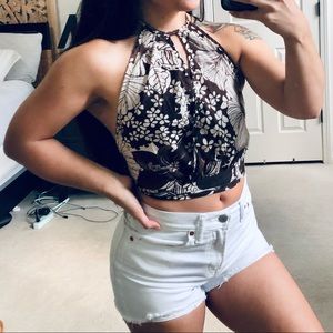 Floral halter top brown Small tropical crop